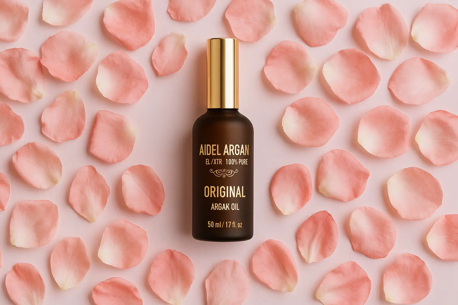 تصویر بطری روغن آرگان اصل با درب طلایی، قرار گرفته روی گلبرگ‌های صورتی؛ طلای مایع طبیعی برای تقویت پوست، مو و زیبایی. خرید روغن آرگان خالص برای مراقبت پوست و مو | اکسین